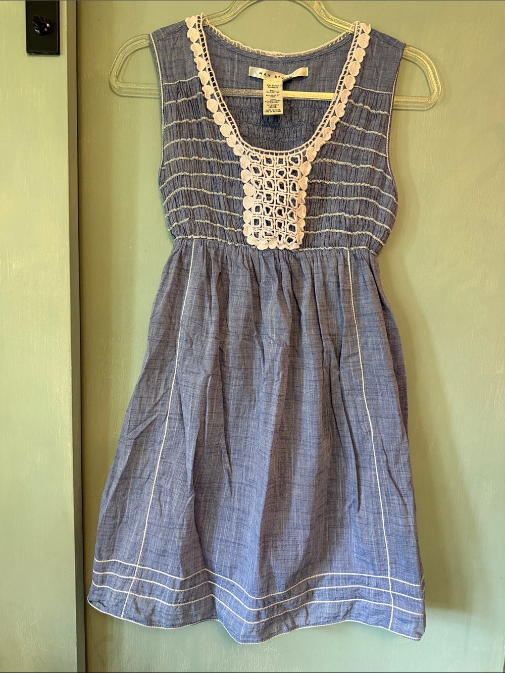 Max Studio Blue Chambray Dress with White Crochet